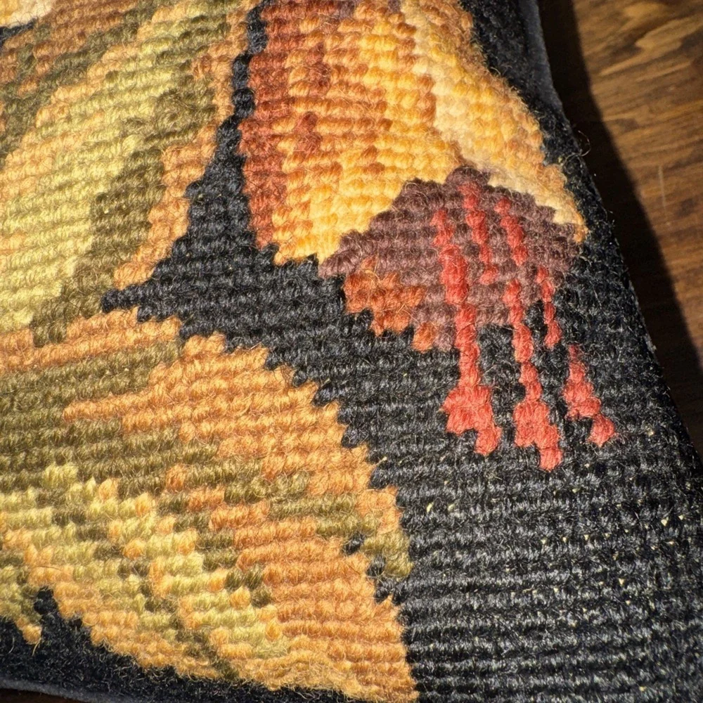 Vintage Floral Wool Black Needlepoint Throw Pillow Cottage Decor 11